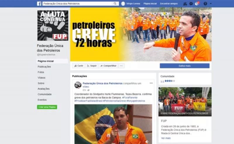 Página da FUP no Facebook