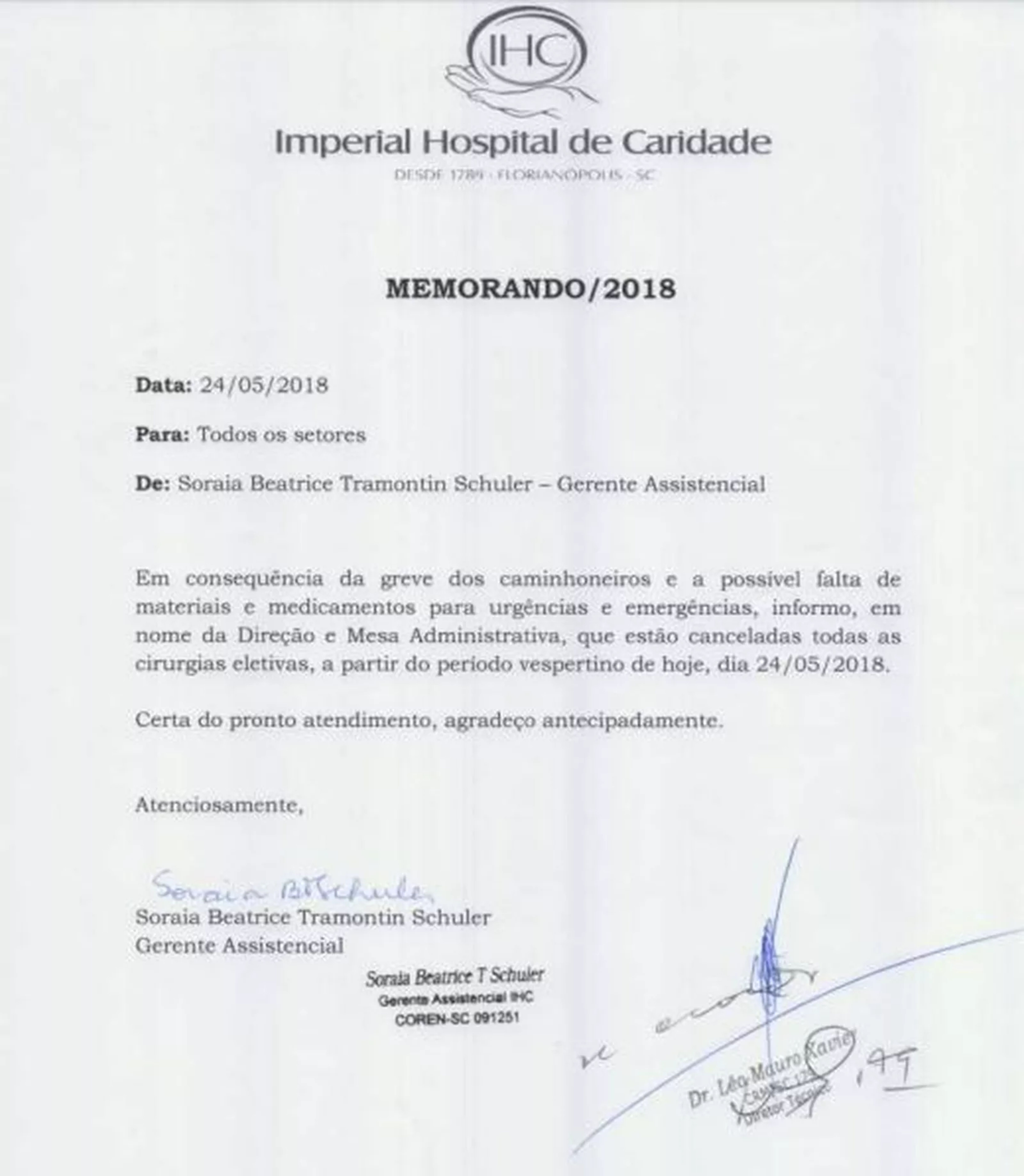Memorando do Hospital de Caridade, em Florianópolis, informa a suspensão de cirurgia eletiva 