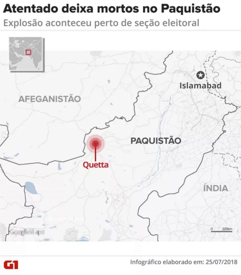 Mapa mostra local de atentado desta terça-feira (25) no Paquistão