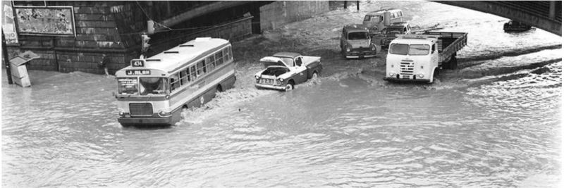 Carros são cobertos por água na enchente de 1966 — Foto: Reprodução