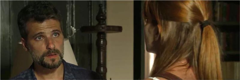 Luz (Marina Ruy Barbosa) diz a Gabriel (Bruno Gagliasso) que sabe por que ele a deixou, na novela 'O Sétimo Guardião' — Foto: TV Globo
