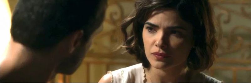 Stela (Vanessa Giácomo) comunica a Aranha (Paulo Rocha) que irá sair de casa, em 'O Sétimo Guardião' 