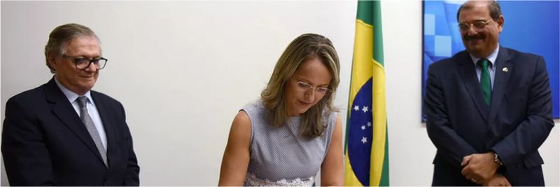 A então secretária de Educação Básica Tania Leme de Almeida em foto de 22 de janeiro, durante a cerimônia de posse dos novos conselheiros do Conselho Nacional de Educação (CNE), entre o ministro da Educação, Ricardo Vélez Rodrigues, e o preside