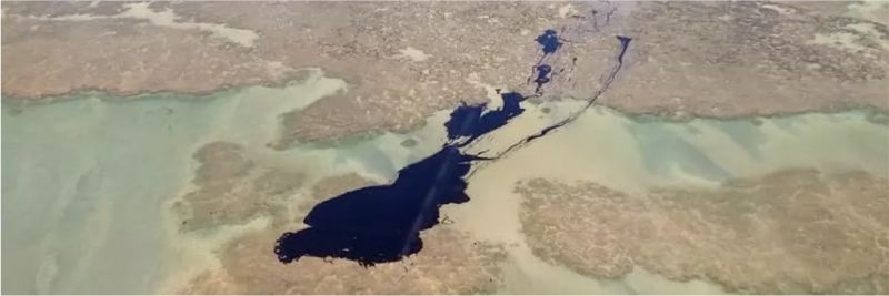 Mancha de petróleo pesado aparece na superfície apenas quando está mais próxima da costa — Foto: Reprodução/TV Globo