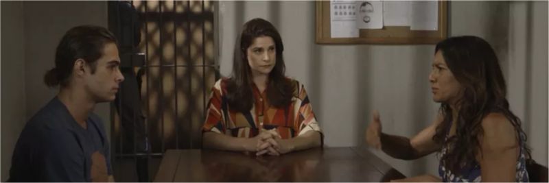 Janaína (Dira Paes) diz que não vai hesitar em dizer para todos quem é Jerônimo (Jesuíta Barbosa) e que ele é capaz de mentir para prejudicar o irmão, em 'Verão 90' 